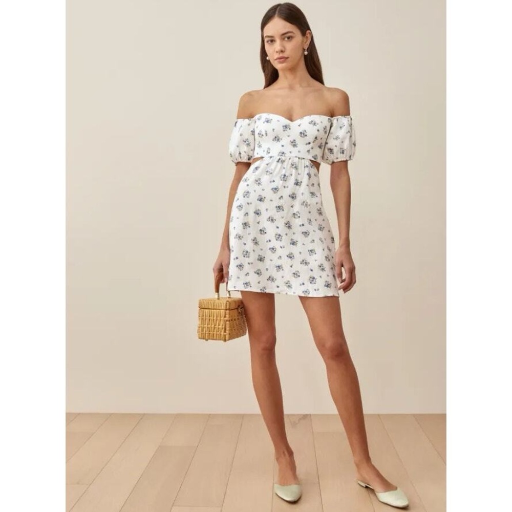 Reformation White and Blue Floral Mini Dress
